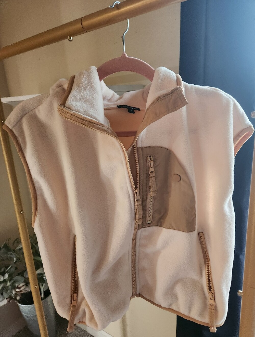 Women's Cream Fleece Vest with Tan Trim